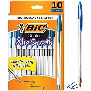 $0.97* | 10-Count BIC Cristal Xtra Smooth 1.0mm Medium Point Ballpoint Pens (Blue) at Amazon